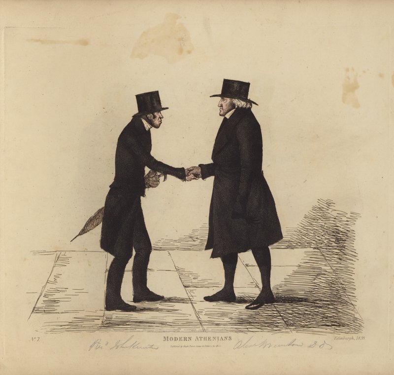 Eminente Edinburghianere, også kjent som moderne athenere, pastor John Hunter, MA, fra Tron Church, pastor dr. Brunton, hans kollega, professor i hebraisk, etc (farget gravering) av Benjamin William Crombie