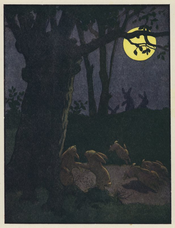 Kaniner under et tre på en måneskinn natt av Benjamin Rabier