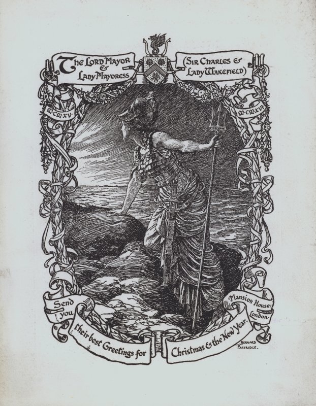 Britannia ser ut mot havet, julehilsen fra første verdenskrig fra Lord Mayor og Lady Mayoress of London, Sir Charles og Lady Wakefield av Bernard (after) Partridge