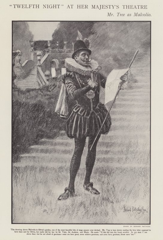Herbert Beerbohm Tree som Malvolio i en produksjon av Shakespeares Twelth Night på Her Majesty's Theatre, London (litho) av Bernard (after) Partridge