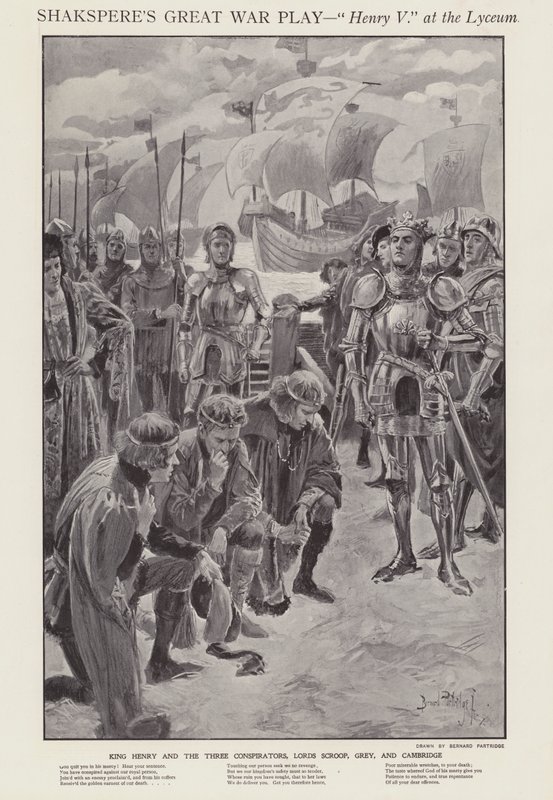 Scene fra en produksjon av Shakespeares Henry V på Lyceum Theatre, London (litho) av Bernard (after) Partridge