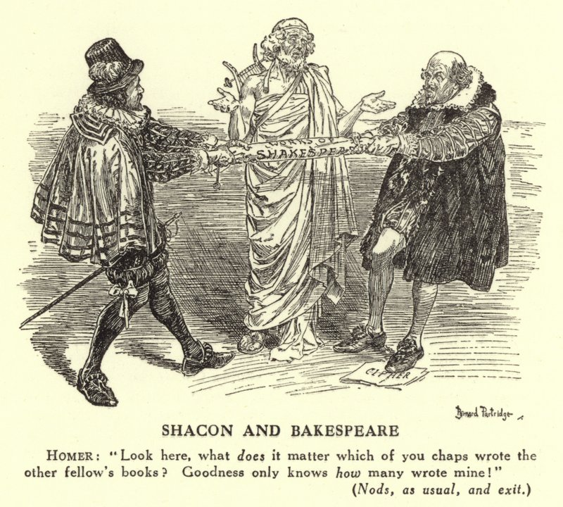 Shacon og Bakespeare - Forfatterskapet til Shakespeare (gravering) av Bernard (after) Partridge