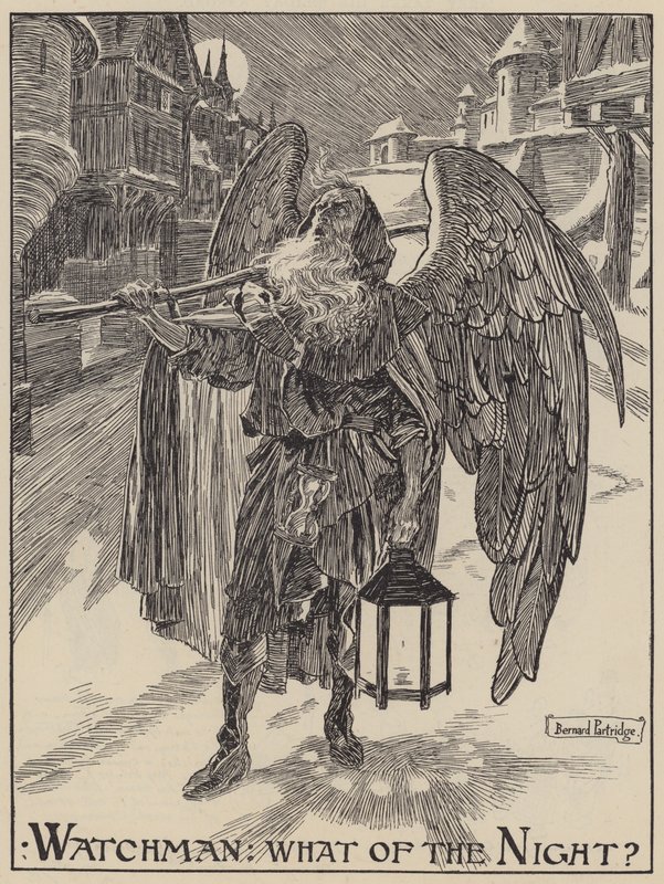 Watchman: Hva med natten? (gravering) av Bernard (after) Partridge
