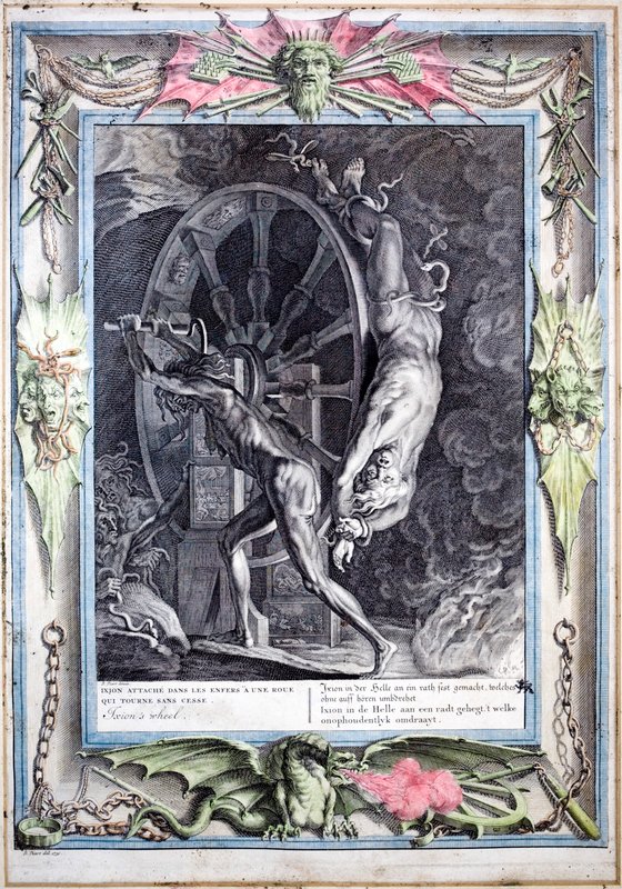 Ixion bundet til det evig svingende ildhjulet (farget gravering) av Bernard (after) Picart