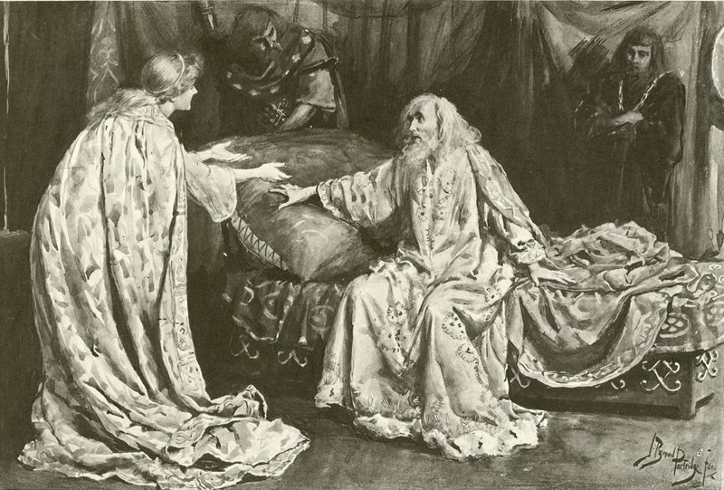 Frøken Ellen Terry som Cordelia, Mr Henry Irving som King Lear (gravyr) av Bernard Partridge