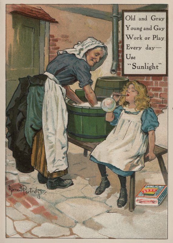 Ung jente som blåser bobler mens bestemoren vasker: reklame for Sunlight-såpe av Bernard Partridge