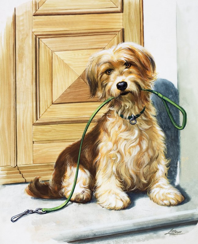 Hund som holder bånd i munnen (gouache på papir) av Bert Illoss