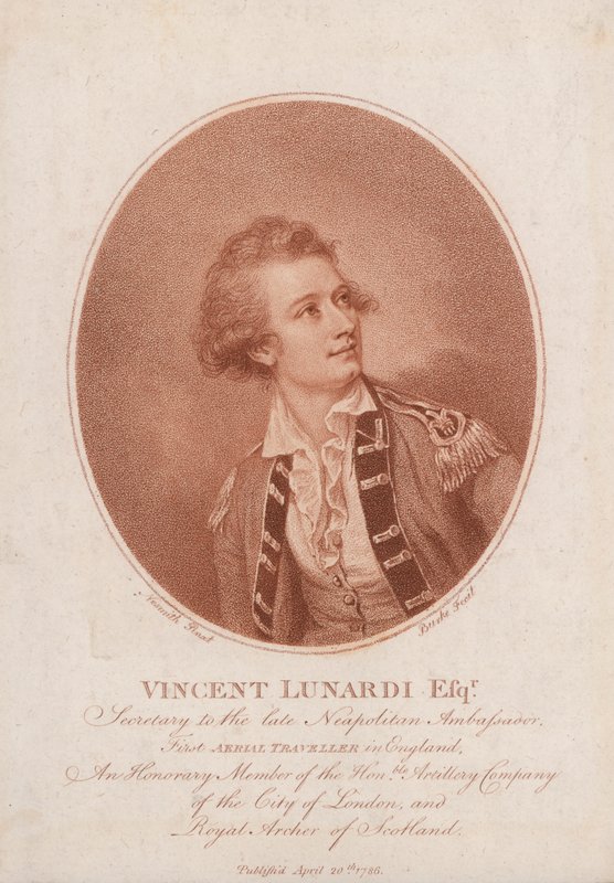 Vincenzo Lunardi , banebrytende italiensk ballongist (gravering) av Burke Nesmith