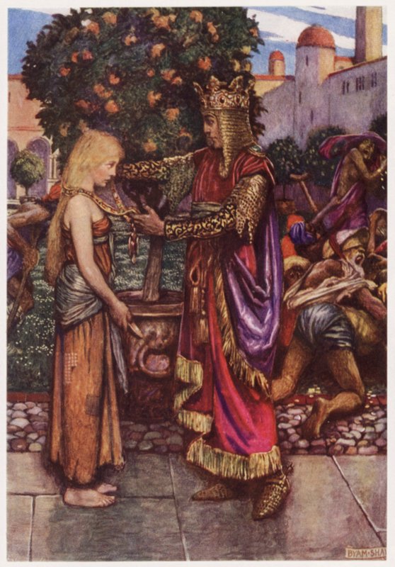 "Kongen han kalte henne tilbake igjen, / og til henne ga han lenken sin" (farge litho) av Byam (after) Shaw