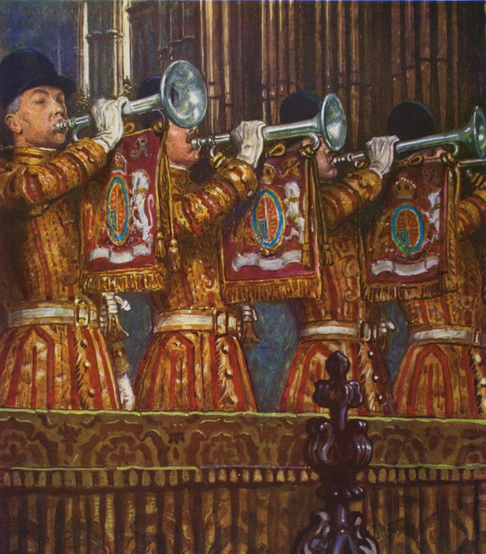 Trompetistene fra husholdningskavaleriet låter en fanfare (farge litho) av Byam (after) Shaw