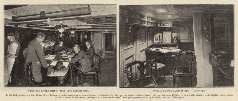 For de små tingene de etterlot seg, Captain Scotts Cabin i Discovery litho av C. Pilkington