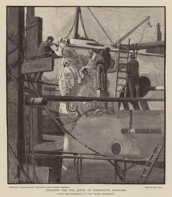 Forberedelser til dronning Victoria ved Portsmouth-verftet (gravering) av C.A. Wilkinson