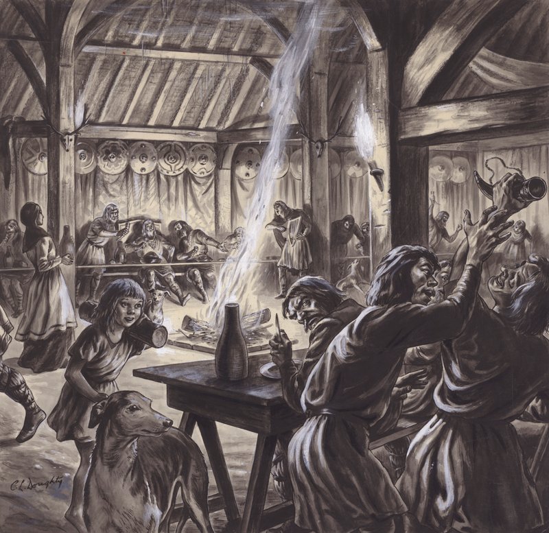 En fest i en angelsaksisk thegns hall (gouache på papir) av C.L. Doughty