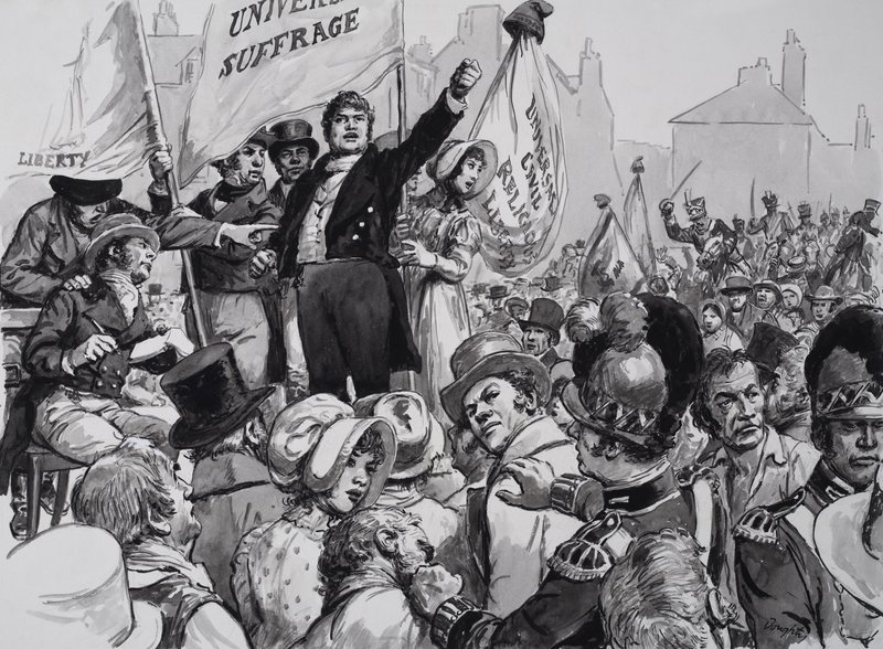 Et offentlig møte med en taler som krever valgreform, i St. Peter#39;s Fields, Manchester, før massakren i Peterloo (gouache på papir) av C.L. Doughty
