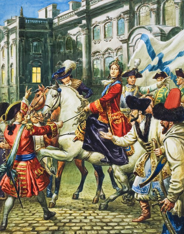 Katarina den store (1729–96) blir keiserinne av Russland etter at mannen hennes, tsar Peter, er fengslet (gouache på papir) av C.L. Doughty