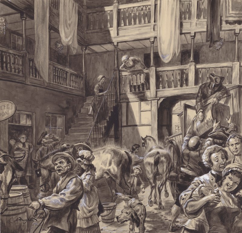 Gårdsplass til et vertshus, sent på 1700-tallet (gouache på papir) av C.L. Doughty