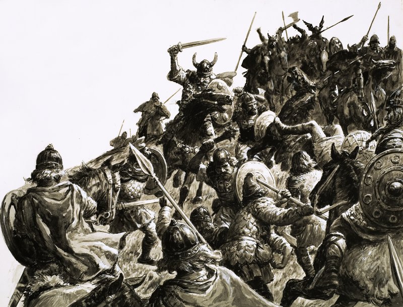 Danske vikinger angriper de britiske styrkene under kong Alfred av C.L. Doughty