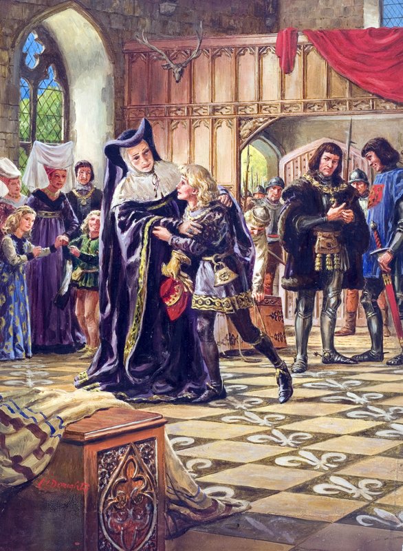 Edvard V (1470–83) overleveres til hertugen av Gloucester (1452–85) (gouache på papir) av C.L. Doughty