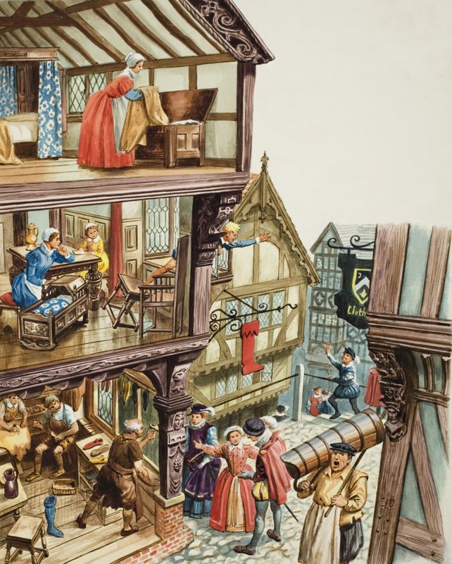 Elizabethansk bylandskap (gouache på papir) av C.L. Doughty