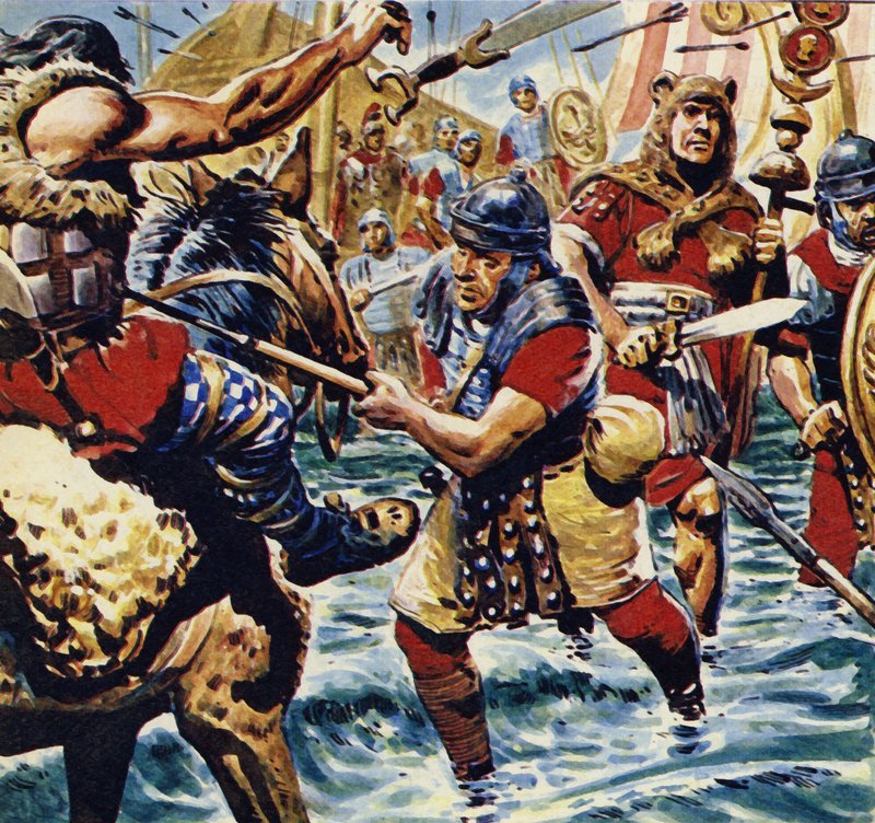 Oppildnet av fanebærerens tapperhet, tok de andre romerske legionene mot (fargelitografi) av C.L. Doughty
