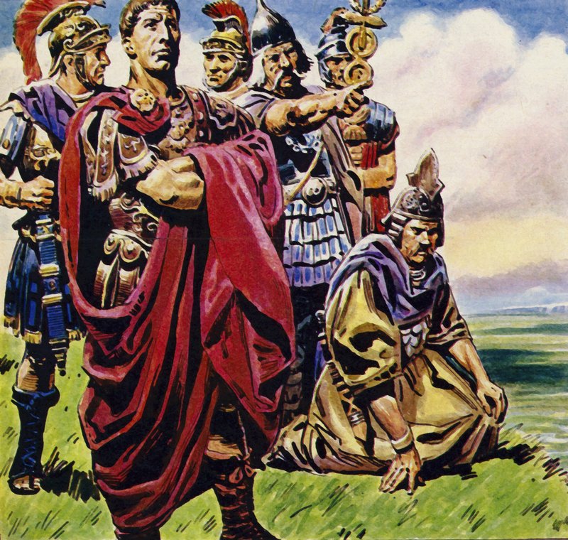 Etter erobringen av Gallia satte Julius Cæsar blikket mot Storbritannia (fargelitografi) av C.L. Doughty