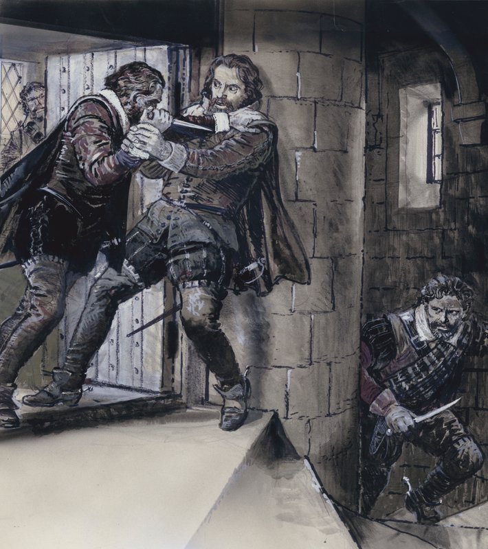 Lord Gowrie tegner en dolk på kong James VI av Skottland (gouache på papir) av C.L. Doughty
