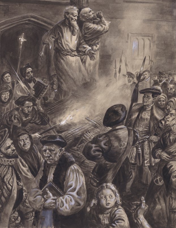 Ridley og Latimers martyrium (gouache på papir) av C.L. Doughty