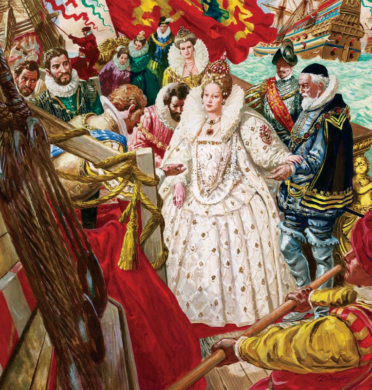 Dronning Elizabeth I (1530–1603) går i land, assistert av Sir Walter Raleigh (1554–1618) (gouache på papir) av C.L. Doughty