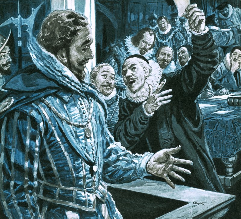 Sir Walter Raleigh forsvarer seg mot Edward Cokes anklager av C.L. Doughty