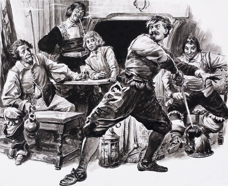 De tre musketerer, med D#39;Artagnon som holder frem (gouache på papir) av C.L. Doughty