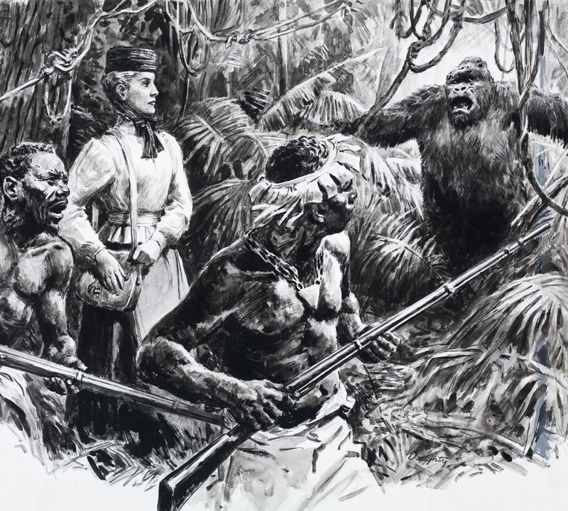 Oppdagelsesreisende Mary Kingsley i Afrika (gouache på papir) av C.L. Doughty