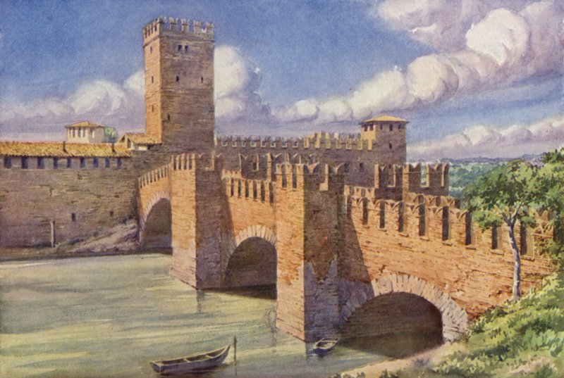 Castle Vecchio, Verona (farge litho) av C.T.G. Formili