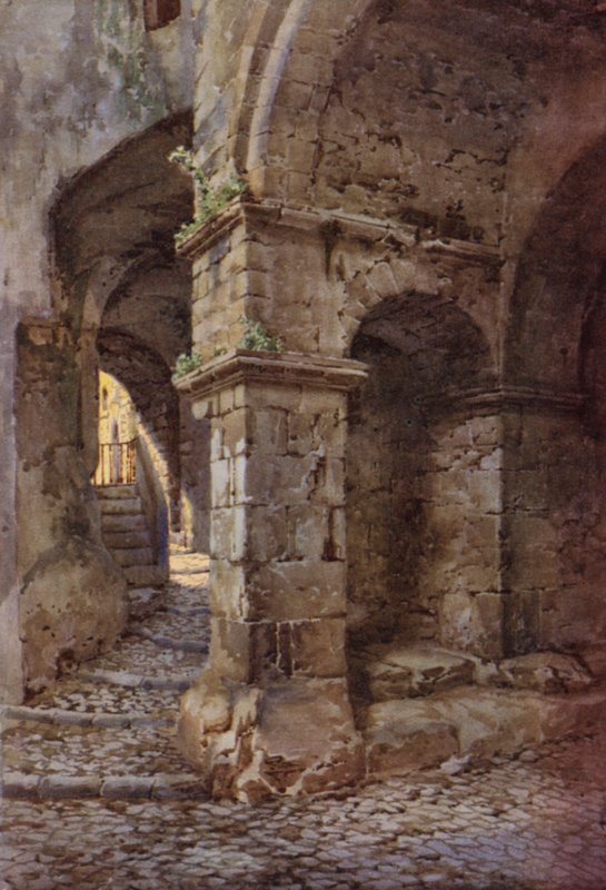 Middelalderfestning, Terracina (farge litho) av C.T.G. Formili