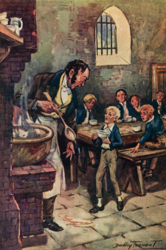 Illustrasjon for Oliver Twist av Charles Dickens (litho-farge) av C. Dudley (after) Tennant