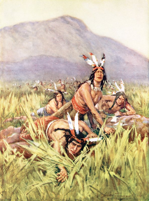 Amerikanske indianere i ferd med å gjøre et angrep (farge litho) av C. Dudley Tennant