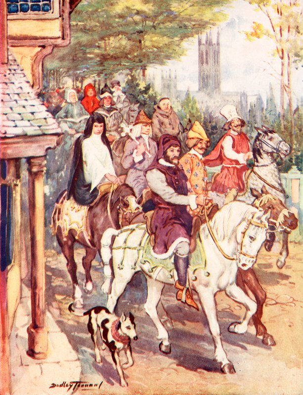 Chaucer som rir til Canterbury med pilegrimene (farge litho) av C. Dudley Tennant