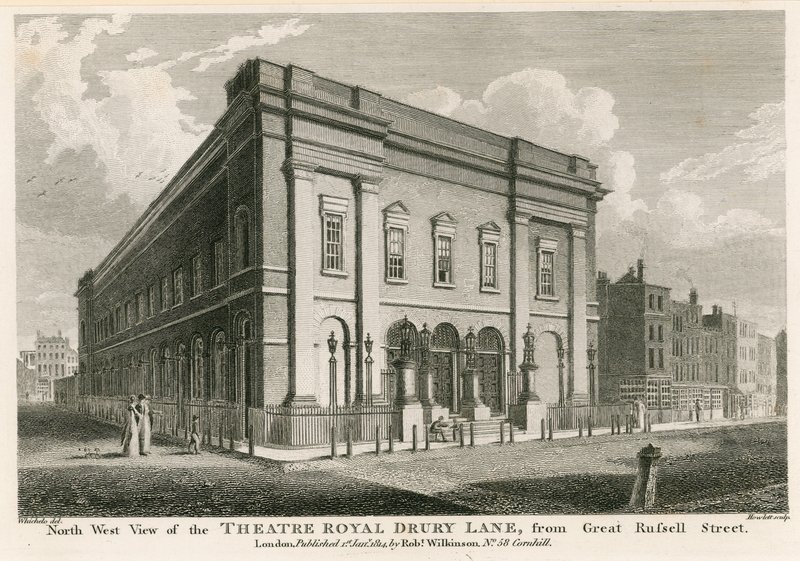 Vestutsikt over Theatre Royal, Drury Lane, London, fra Great Russell Street av C. John Mayle Whichelo
