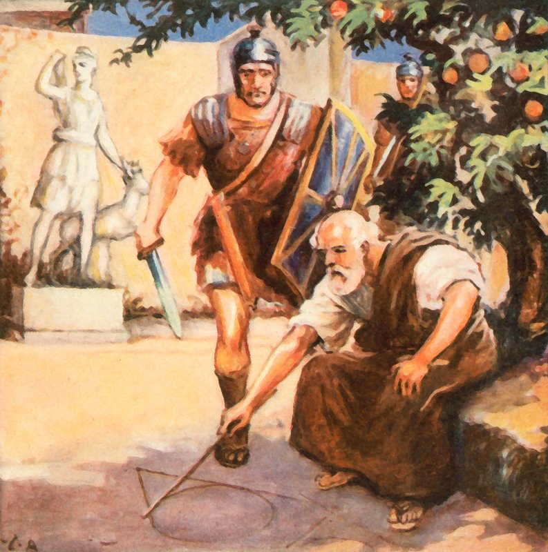 Arkimedes#39; død (forbedret fargelitografi) av Carl Arriens