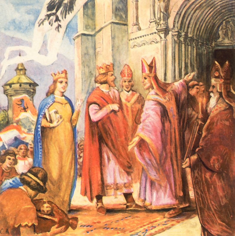 Kong Henrik II innvier Bamberg-katedralen (forbedret fargelitografi) av Carl Arriens