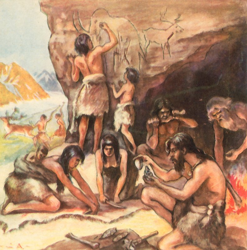 Familiehule fra steinalderen (forbedret fargelitografi) av Carl Arriens