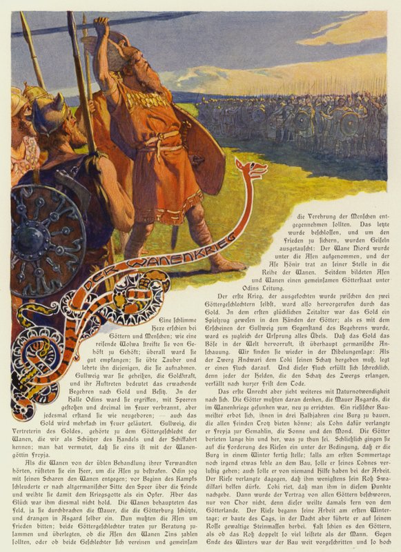 Odin kaster spydet for å begynne Aesir-Vanir-krigen (farge litho) av Carl Emil Doepler