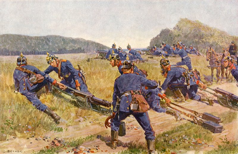 Bayersk maskingeværselskap setter opp en stilling (farge litho) av Carl Ludwig Friedrich (after) Becker