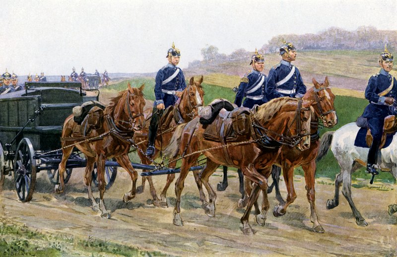 Den tyske hærens forsyningskolonne på marsj (farge litho) av Carl Ludwig Friedrich (after) Becker