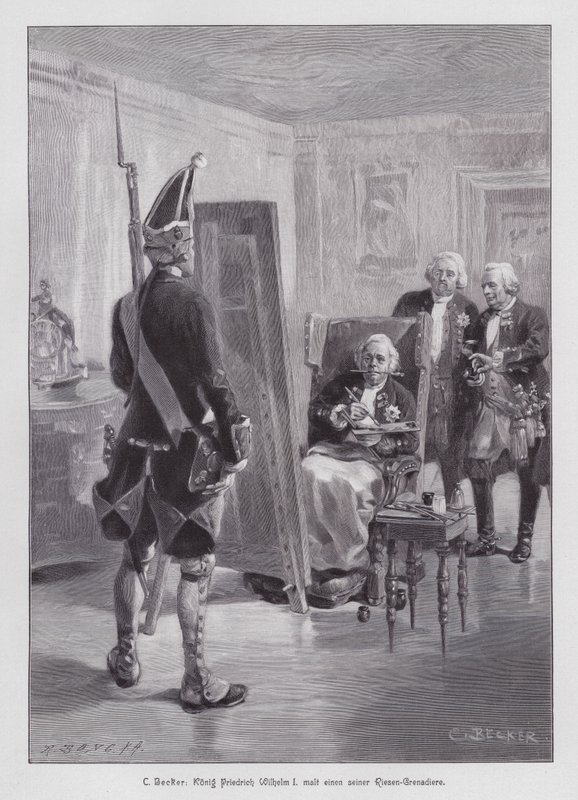 Kong Frederick William I av Preussen maler en grenader av hans Potsdamer Riesengarde (Giant Guard of Potsdam) (gravering) av Carl Ludwig Friedrich (after) Becker