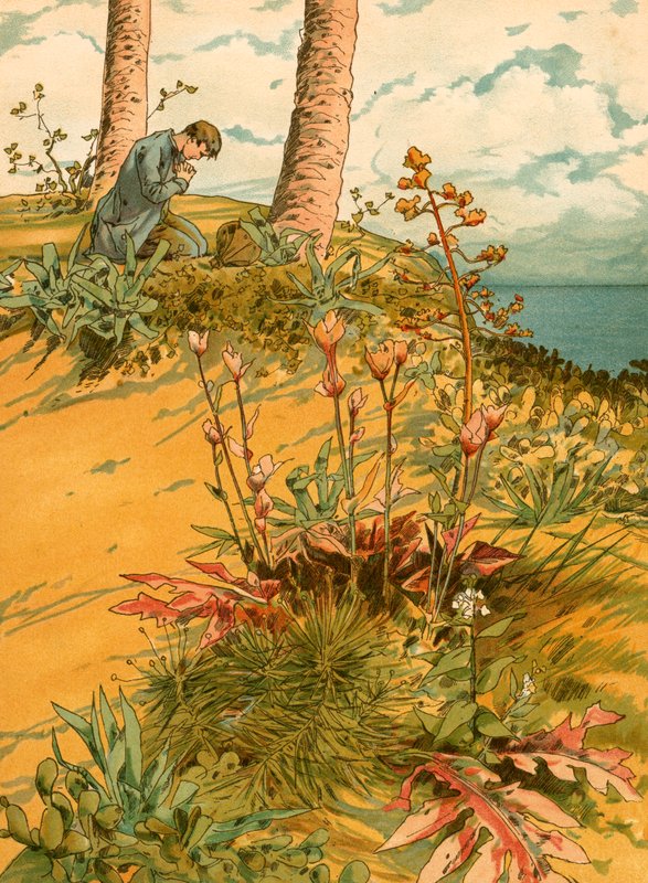 Robinson Crusoe ved bønn i "kirken" hans av Carl Marr