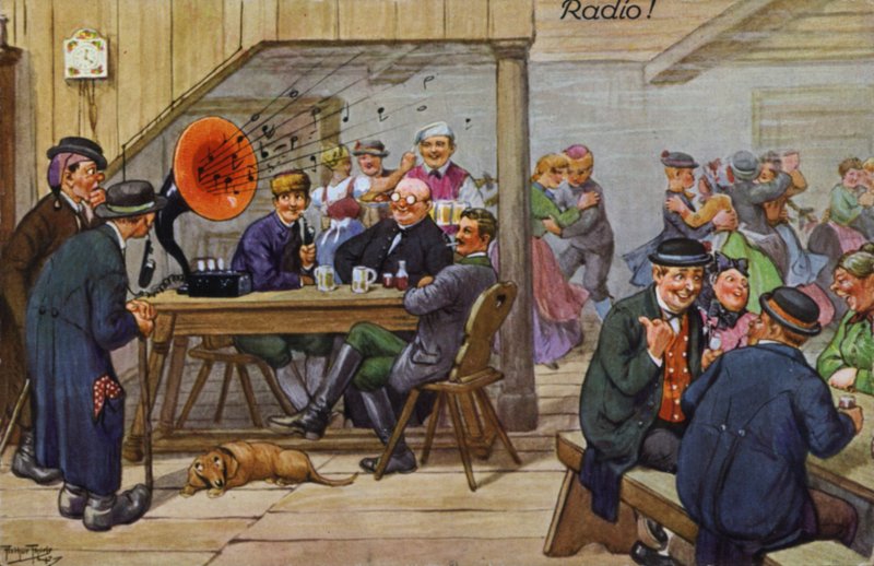 Komiske skildringer av tidlig radio (fargelitho) av Carl Robert Arthur Thiele