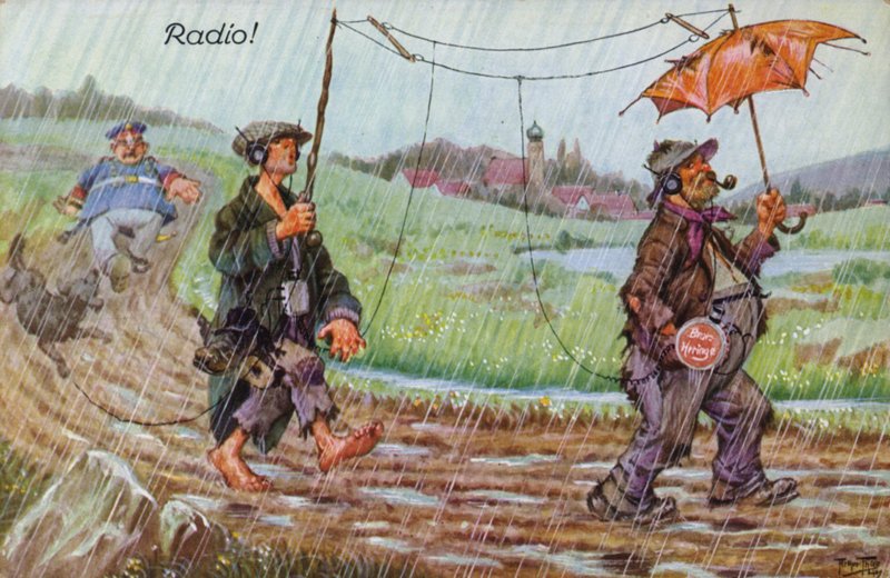 Komiske skildringer av tidlig radio (fargelitho) av Carl Robert Arthur Thiele