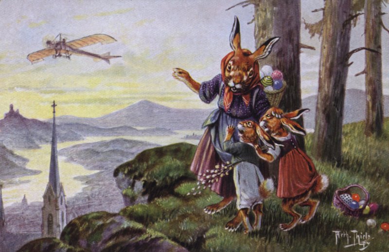 Kaniner som diskuterer et fly (farge litho) av Carl Robert Arthur Thiele