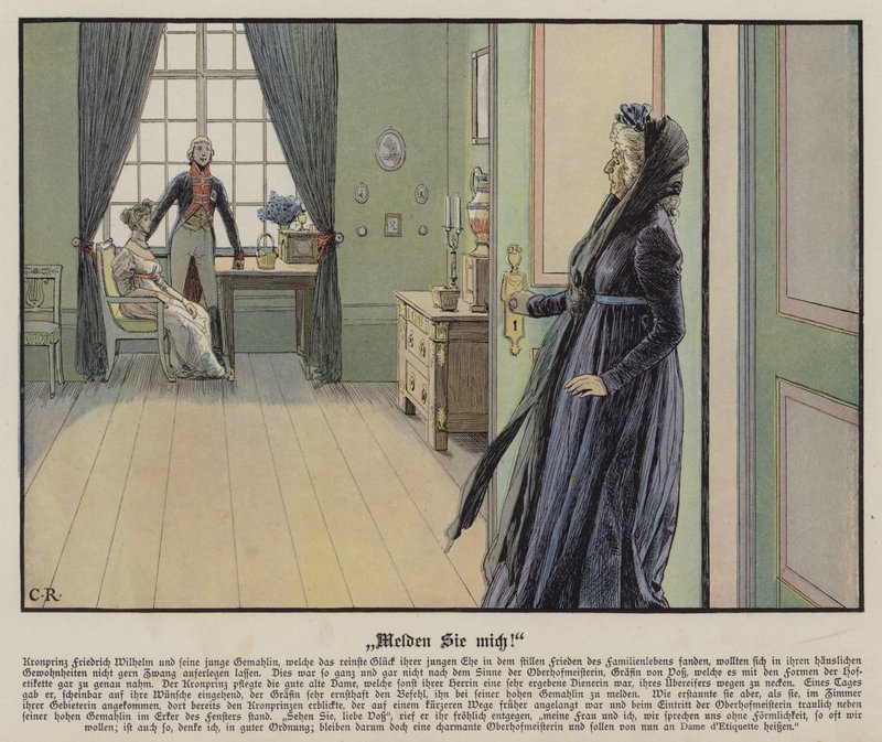 Kronprins Frederick av Preussen og hans unge kone prinsesse Louise møtes uformelt mot grevinnen av Voss ønsker (farge litho) av Carl Röchling