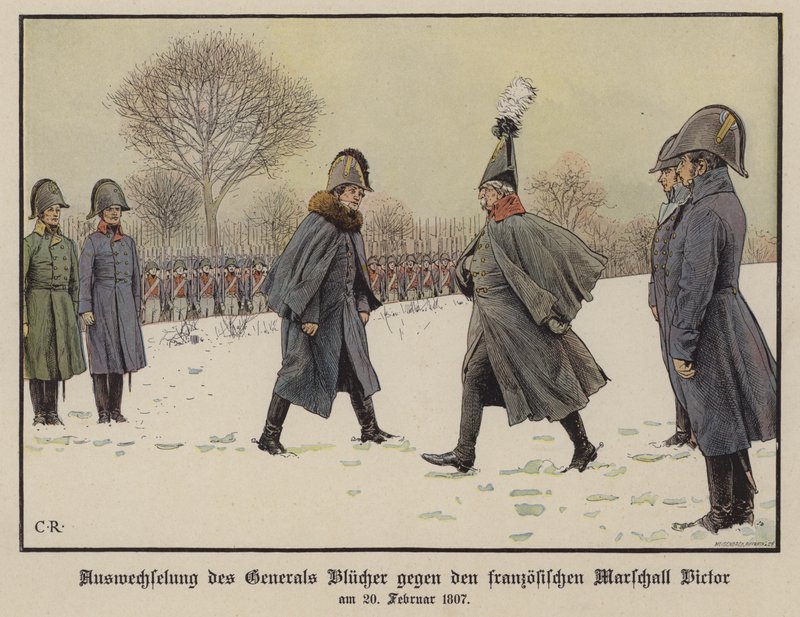 Utveksling av fangede prøyssiske og franske feltmarskalker Gebhard Blucher og Claude Victor-Perrin, 20. februar 1807 (farge litho) av Carl Röchling